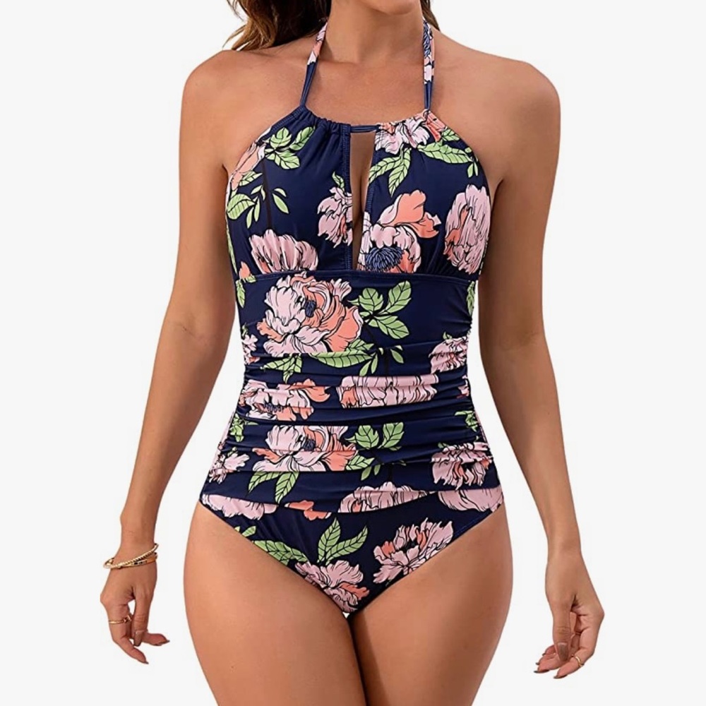 B2PRITY Large Floral Halter One Piece With Side Ruching